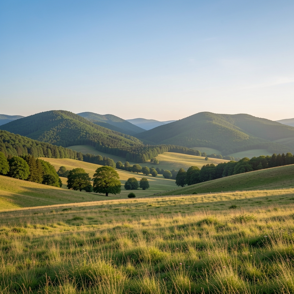 Rozległy spokojny pejzaż naturalny z miękkim porannym światłem, zielone wzgórza i czyste niebo, atmosfera harmonii i ładu