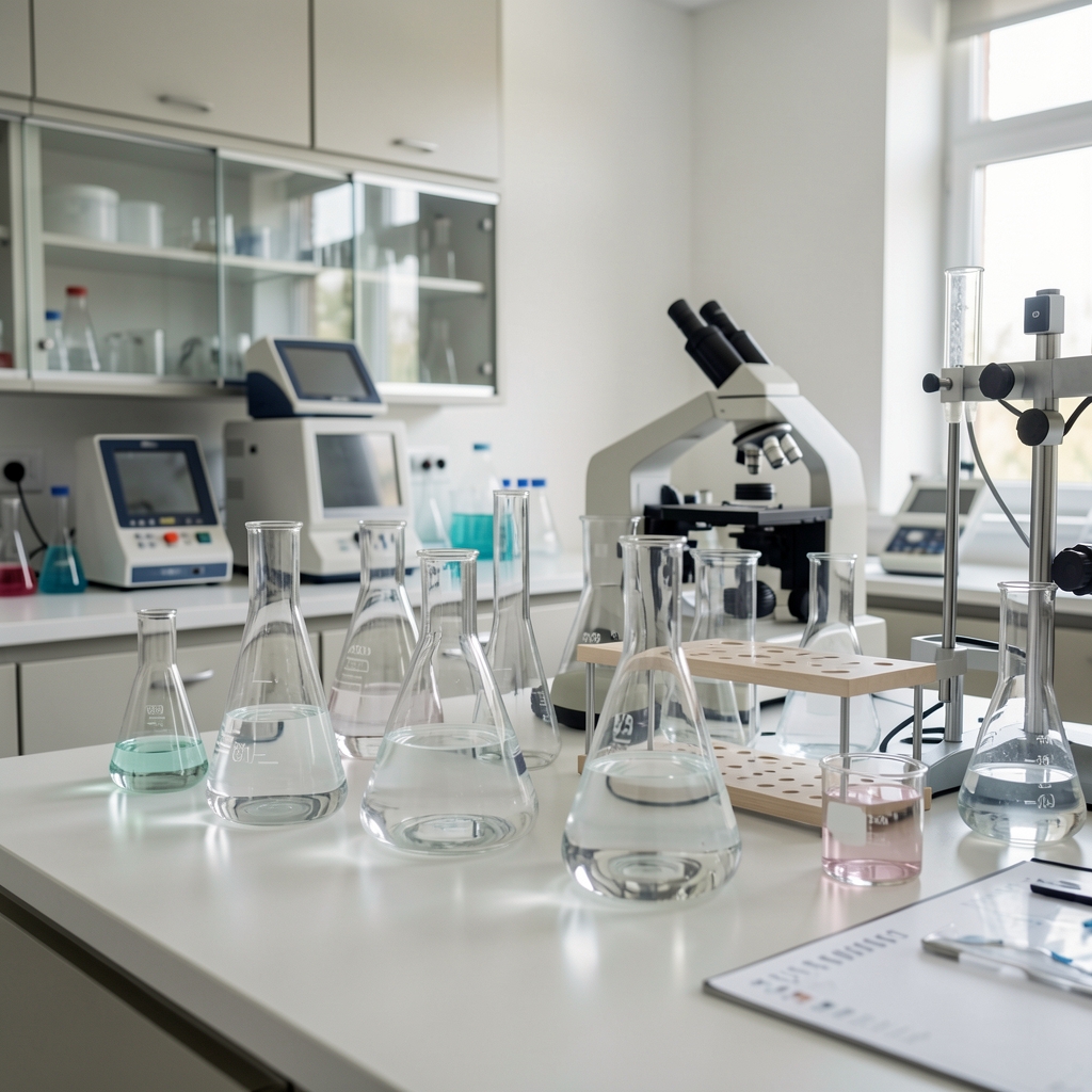 Nowoczesne laboratorium z przezroczystymi szklanymi naczyniami i neutralnym wyposażeniem, symbolizujące współczesne badania naukowe